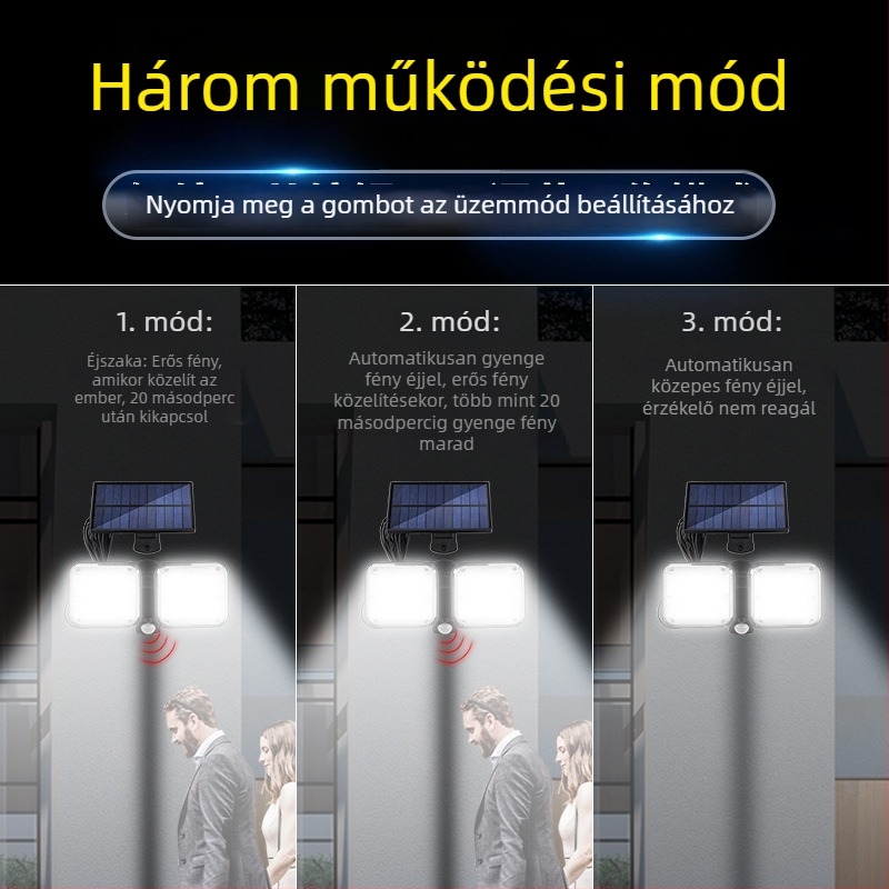 LED osztott típusú napelemes lámpa mozgásérzékelővel, kültéri falivilág kerthez, 5W, 3.7V, 6–12 óra világítás