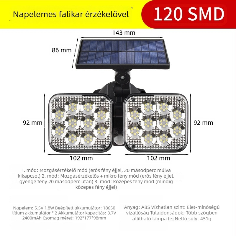 LED osztott típusú napelemes lámpa mozgásérzékelővel, kültéri falivilág kerthez, 5W, 3.7V, 6–12 óra világítás