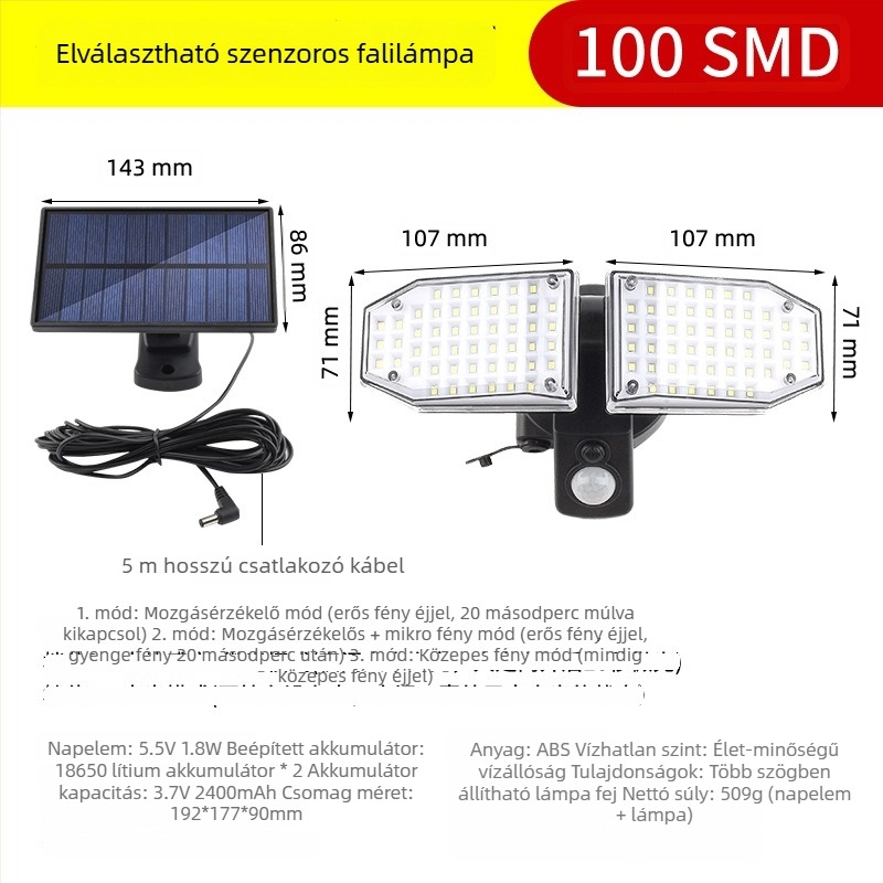 LED osztott típusú napelemes lámpa mozgásérzékelővel, kültéri falivilág kerthez, 5W, 3.7V, 6–12 óra világítás