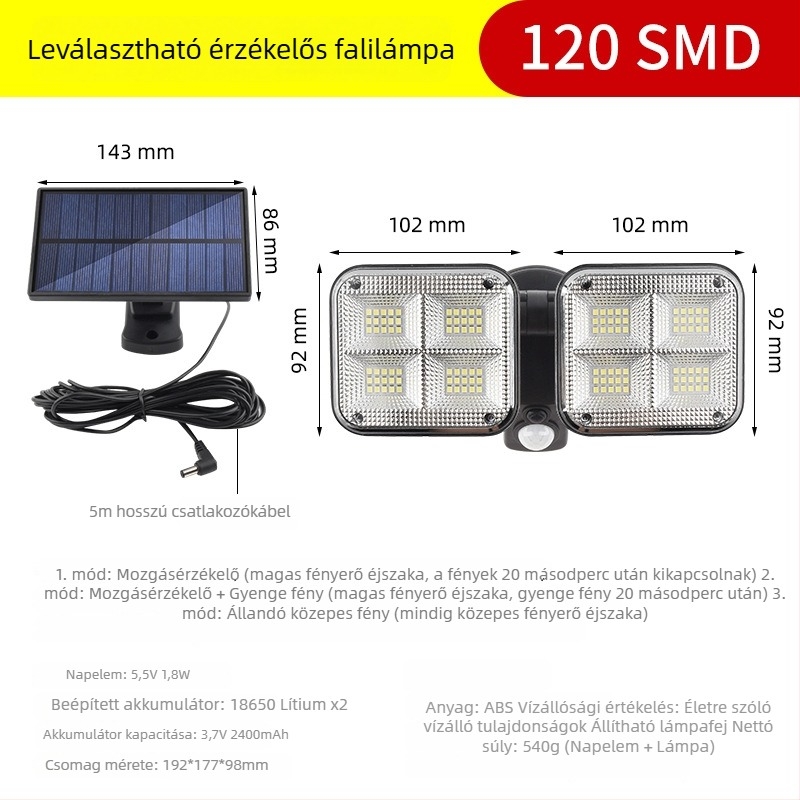 LED osztott típusú napelemes lámpa mozgásérzékelővel, kültéri falivilág kerthez, 5W, 3.7V, 6–12 óra világítás