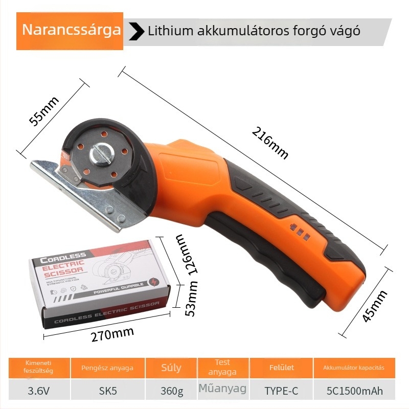 Elektromos ollók, 36V újratölthető lítium akkumulátorral, textil vágásához