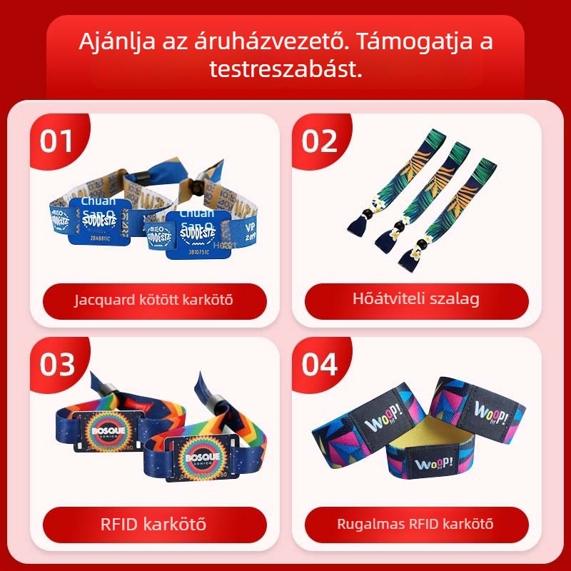 Testreszabható rugalmas NFC karkötő identitásfelismeréssel; Chip: olvasás/írás; Kapacitás: 1024; Érzékelési távolság: 1–4; Olvasás/írás idő: 1–2; Hordozó frekvencia: HF