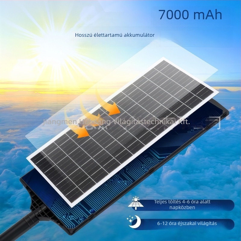 HX-27 napelemes útvilágítás háromoldalas LED-del, mozgásérzékelő PIR, IP65, 6W/6V, 6–12 órás üzemidő