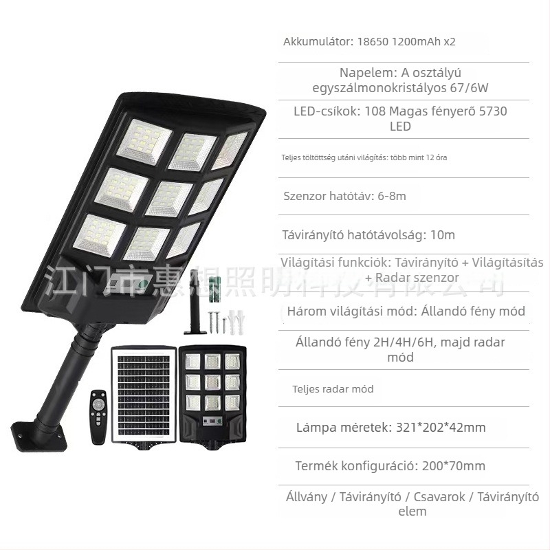 HX-27 napelemes útvilágítás háromoldalas LED-del, mozgásérzékelő PIR, IP65, 6W/6V, 6–12 órás üzemidő