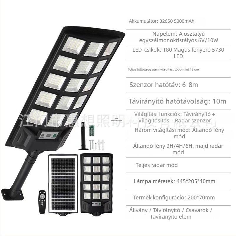 HX-27 napelemes útvilágítás háromoldalas LED-del, mozgásérzékelő PIR, IP65, 6W/6V, 6–12 órás üzemidő