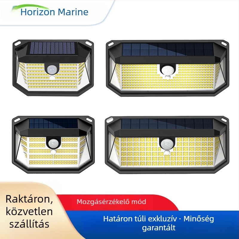 Napelemes falikar 416 LED-del, IP64 vízálló, kültéri kert- és utcai megvilágítás három oldalról és mozgásérzékelővel
