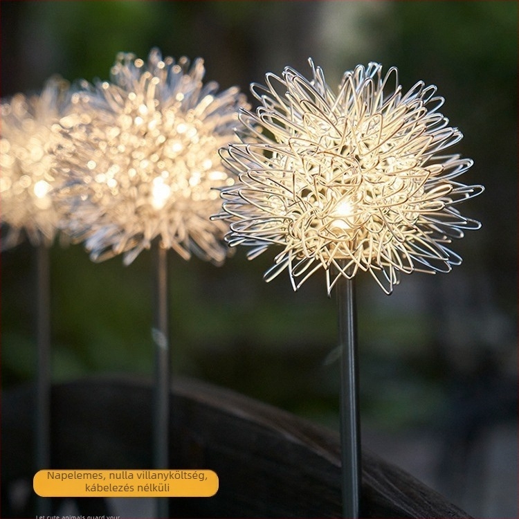 Napelemes kerti lámpa virág alakú, IP65 vízálló, alumínium drót gömb, 0.04W, lefedettség 1–3 m², üzemidő 6–12 óra
