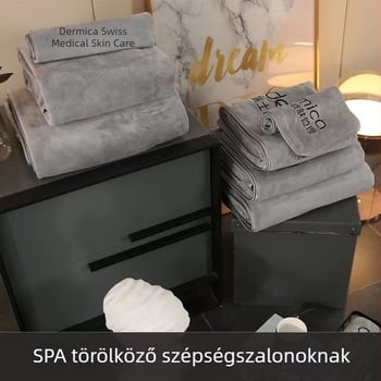 SPA törölközőkészlet szépségszalonok számára: öt részes, nagy fürdőlepedők, hotelszálas ágynemű logóval és turbánnal