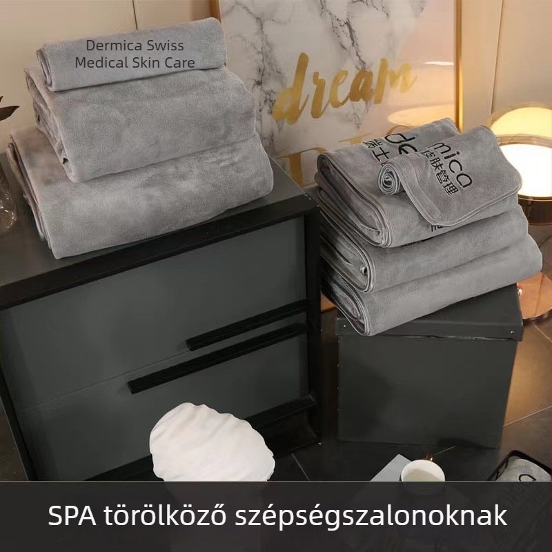 SPA törölközőkészlet szépségszalonok számára: öt részes, nagy fürdőlepedők, hotelszálas ágynemű logóval és turbánnal