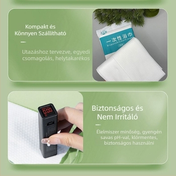 Egyszer használatos, vastagított fürdő- és hajtörölközők, egyenként csomagolva, nem szövött anyagból, vízfelvétel 5–10 mp, utazásokhoz, szállodákhoz, fodrász- és szépségszalonokhoz