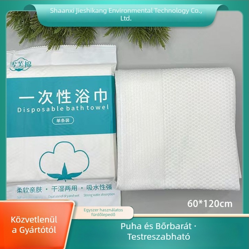 Egyszer használatos, vastagított fürdő- és hajtörölközők, egyenként csomagolva, nem szövött anyagból, vízfelvétel 5–10 mp, utazásokhoz, szállodákhoz, fodrász- és szépségszalonokhoz