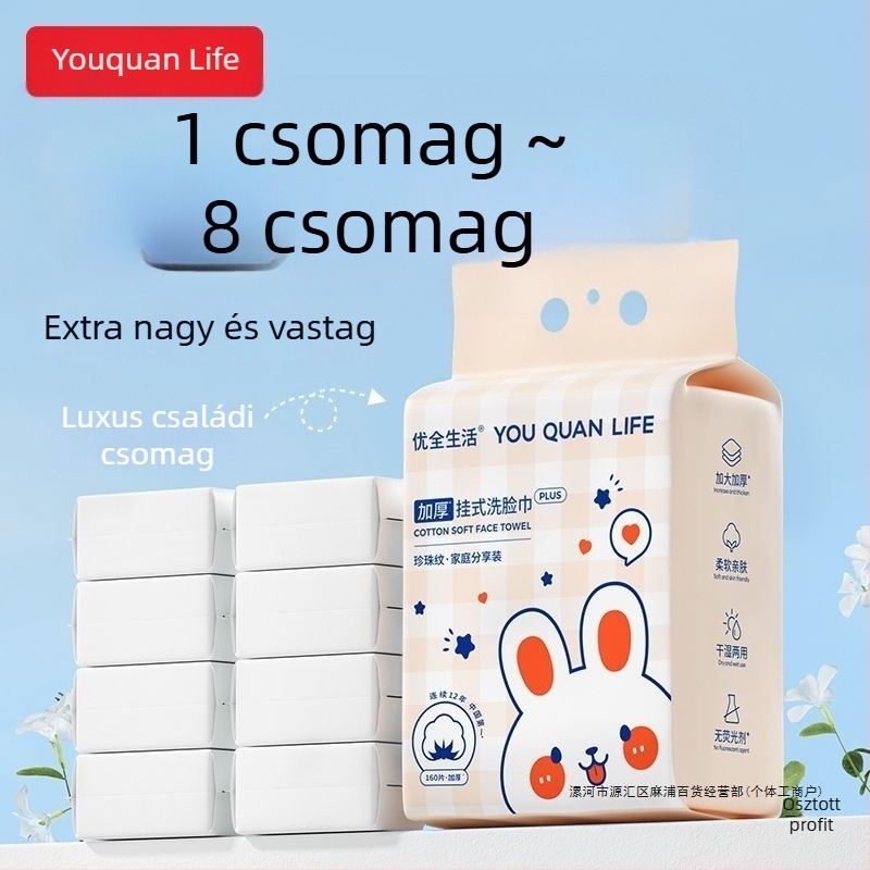 Arcápolási törölköző - Egyszer használatos, akasztós nagy csomag, száraz és nedves kettős használat, vastag tapintás (400 g; csavartalan fonal; 10 Count fonal; vízfelvétel 0–5 s)