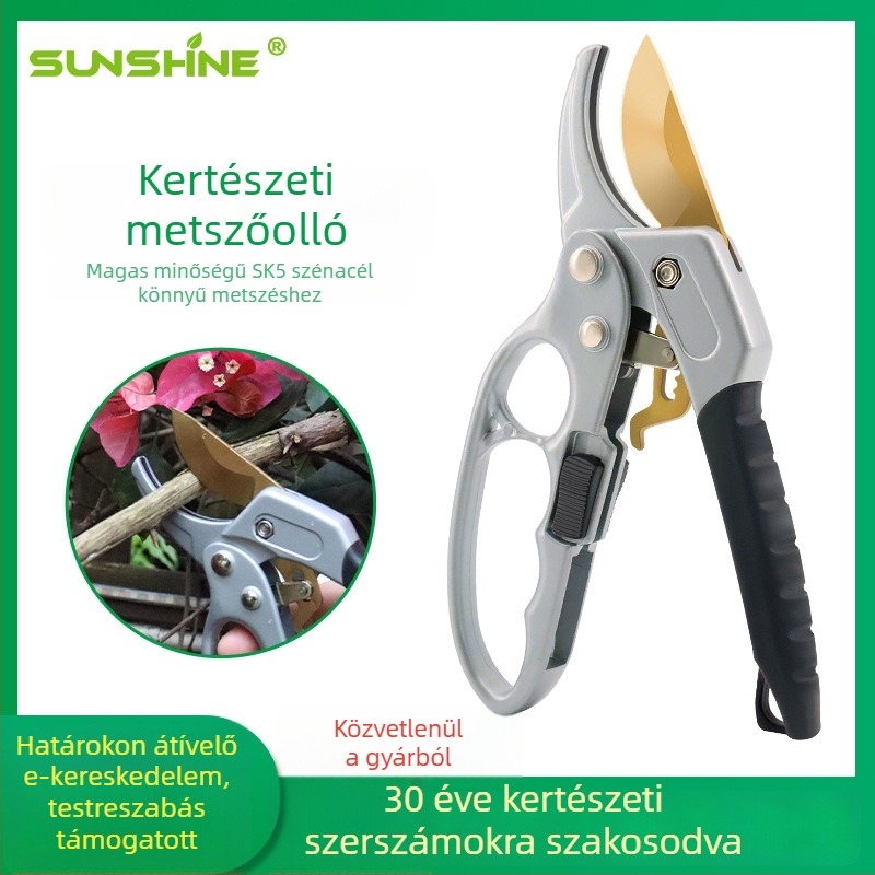 SUNSHINE háromfokozat reteszmechanizmusú metszőolló titán bevonat pengékkel, kertészkedéshez és gyümölcsfák metszéséhez