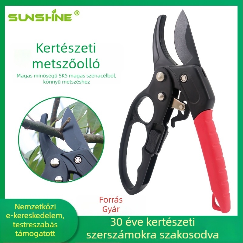 SUNSHINE háromfokozat reteszmechanizmusú metszőolló titán bevonat pengékkel, kertészkedéshez és gyümölcsfák metszéséhez