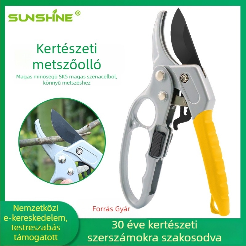 SUNSHINE háromfokozat reteszmechanizmusú metszőolló titán bevonat pengékkel, kertészkedéshez és gyümölcsfák metszéséhez