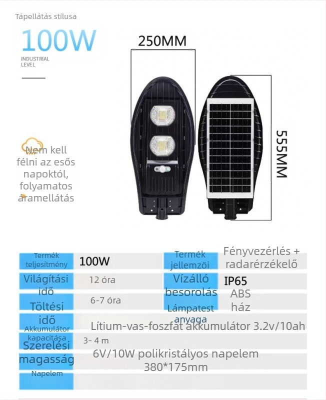 Napelemes kültéri udvari reflektor, vízálló dísz gyeplámpa, 100W szenzorral