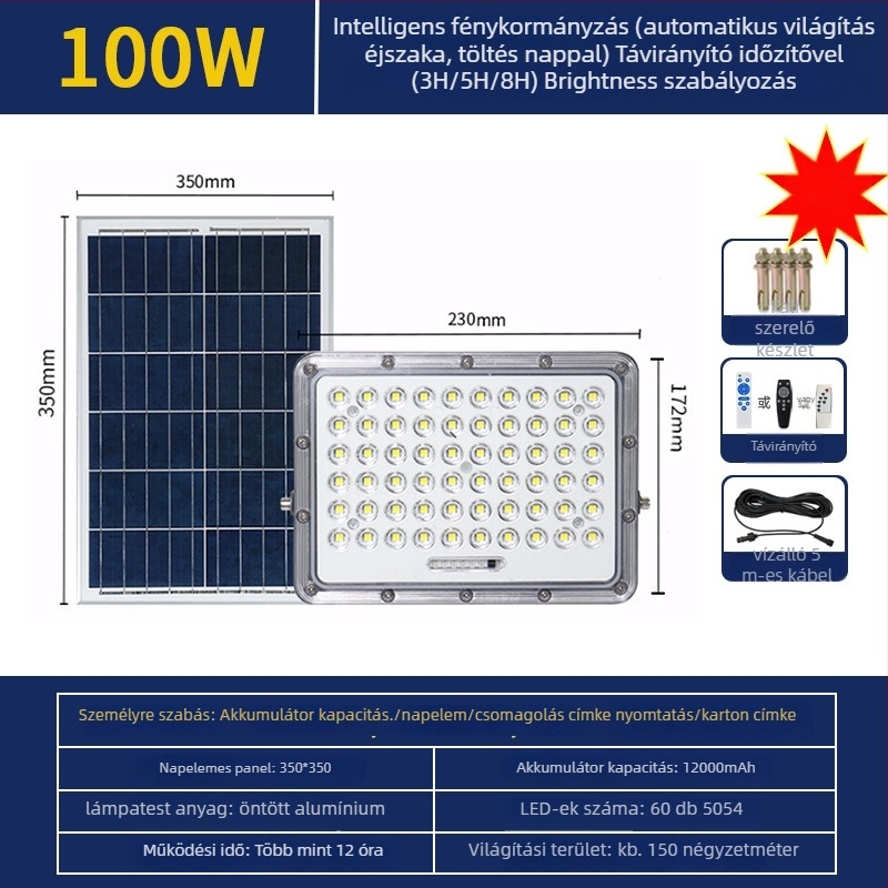 Napelemes kültéri LED-reflektor mozgásérzékelővel, IP65, öntött alumínium ház, LED 100W, Snow Wolf II Gen