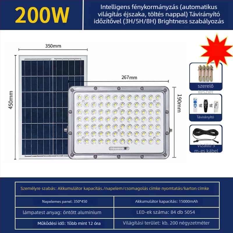 Napelemes kültéri LED-reflektor mozgásérzékelővel, IP65, öntött alumínium ház, LED 100W, Snow Wolf II Gen