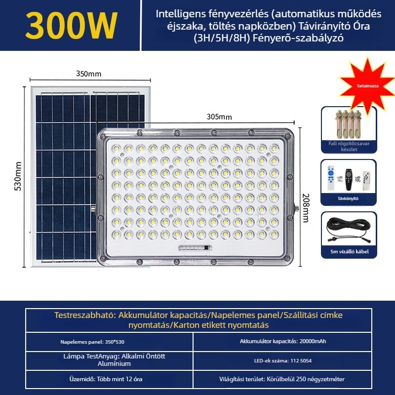 Napelemes kültéri LED-reflektor mozgásérzékelővel, IP65, öntött alumínium ház, LED 100W, Snow Wolf II Gen