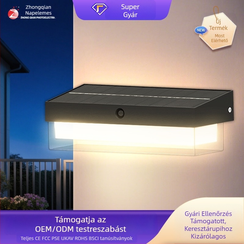Napelemes kültéri falikar mozgásérzékelővel, 174 LED, 5000 lm, 3000–6500 K, IP54, 120° fénysugár, ABS ház, modell Zq-bd