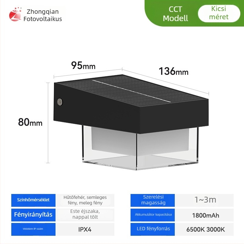 Napelemes kültéri falikar mozgásérzékelővel, 174 LED, 5000 lm, 3000–6500 K, IP54, 120° fénysugár, ABS ház, modell Zq-bd