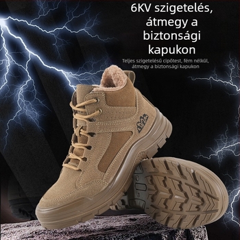 Téli magas szárú biztonsági cipő férfiaknak, fleece-béléssel, 6KV szigeteléssel, műanyag-acél orrtovával, ütésálló és perforáció-ellenálló