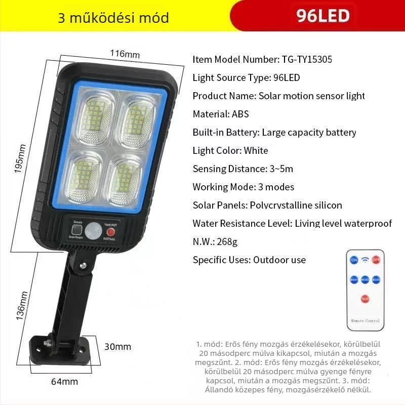 Napelemes LED utcai lámpa kültéri, vízálló, mozgásérzékelővel, multifunkcionális világítás kerthez és az úthoz