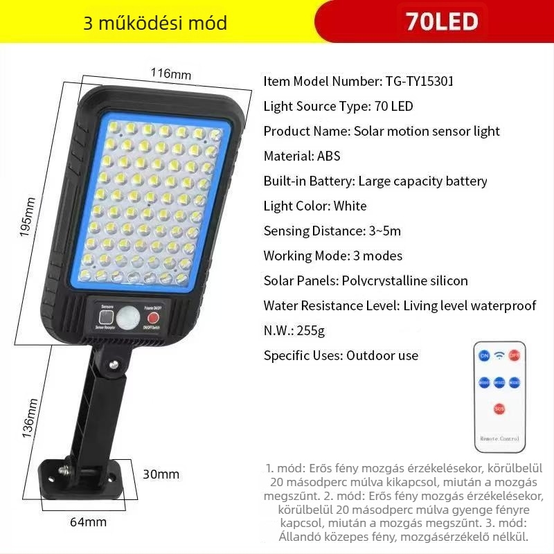 Napelemes LED utcai lámpa kültéri, vízálló, mozgásérzékelővel, multifunkcionális világítás kerthez és az úthoz