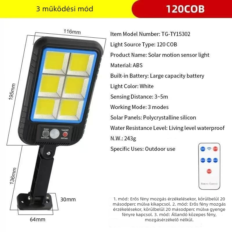 Napelemes LED utcai lámpa kültéri, vízálló, mozgásérzékelővel, multifunkcionális világítás kerthez és az úthoz