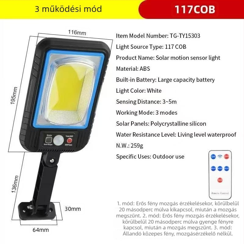Napelemes LED utcai lámpa kültéri, vízálló, mozgásérzékelővel, multifunkcionális világítás kerthez és az úthoz