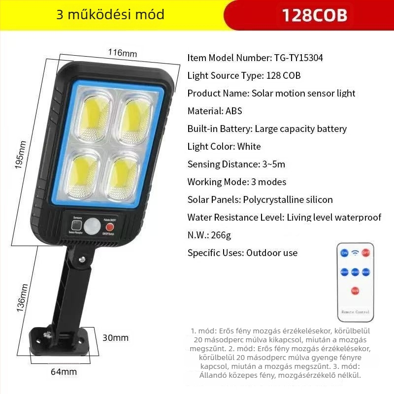 Napelemes LED utcai lámpa kültéri, vízálló, mozgásérzékelővel, multifunkcionális világítás kerthez és az úthoz