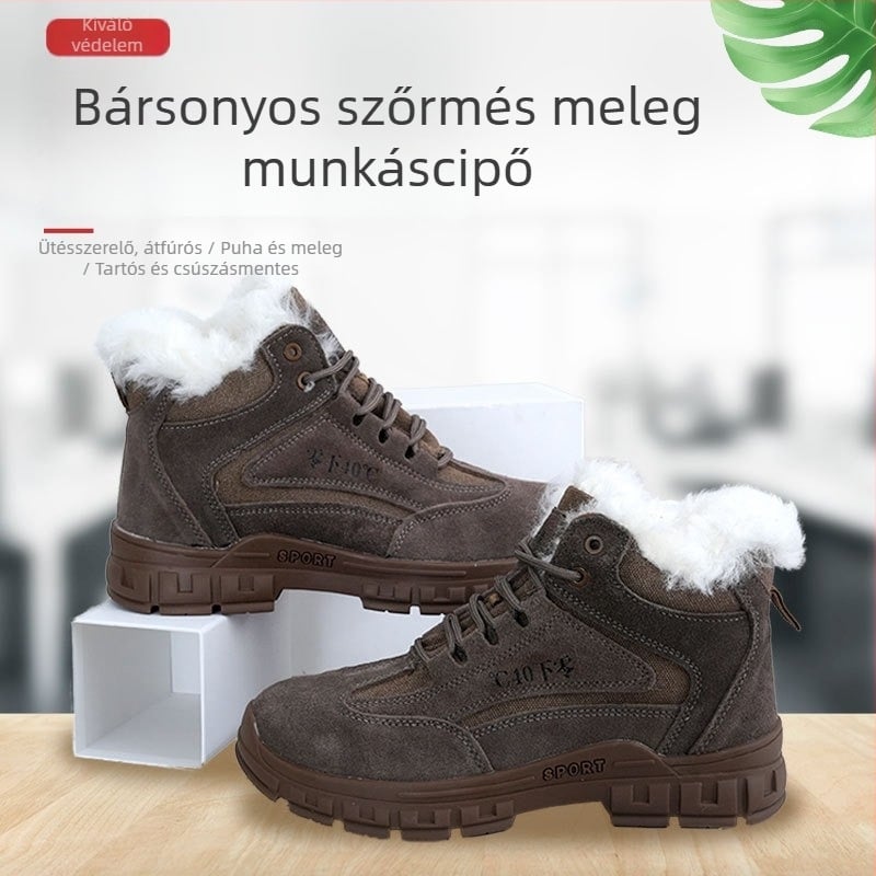 Szigetelt védőmunkacipő velúr bőrből, magas felsőrész, acél orr, ütés- és átszúrásálló védelem