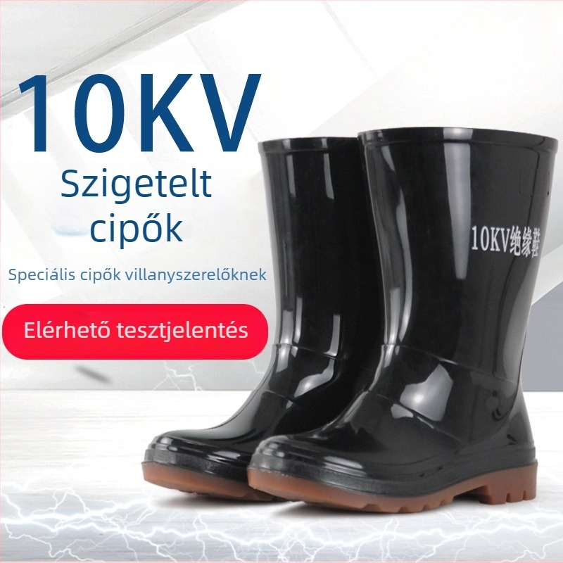 Szigetelt villanyszerelő cipő, modell JX-10KV, PVC anyag, középmagas szár, elektromos védelem