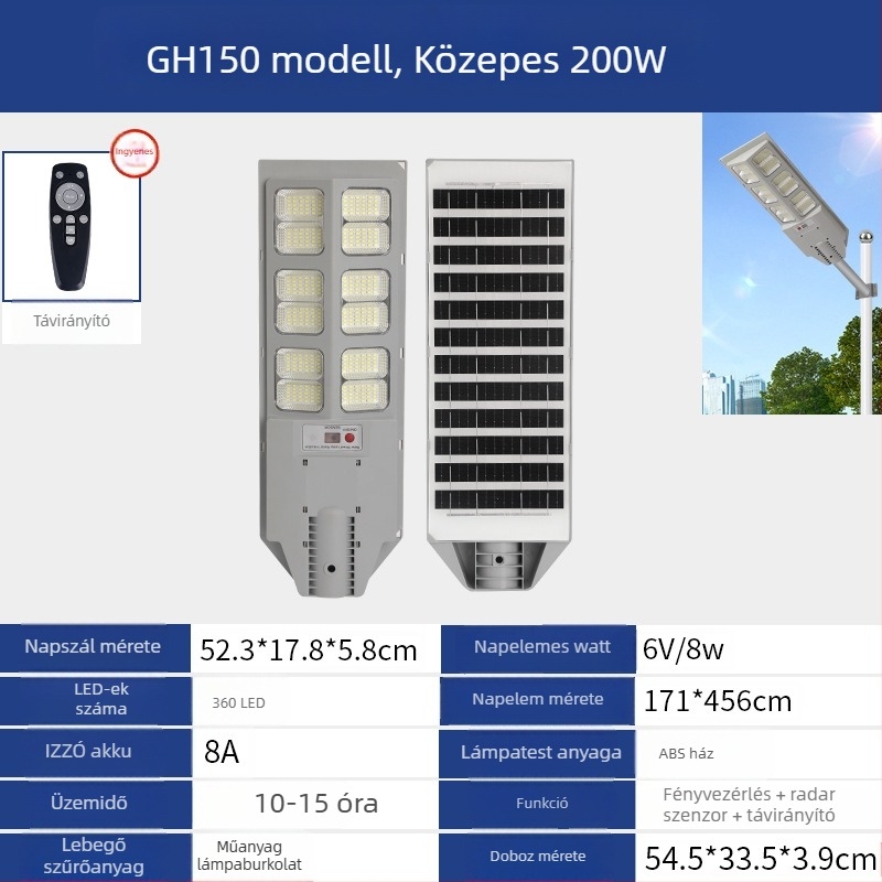 Dysj-150 napelemes utcai lámpa, IP67, 6V, névleges teljesítmény 400, üzemidő 12–16 óra