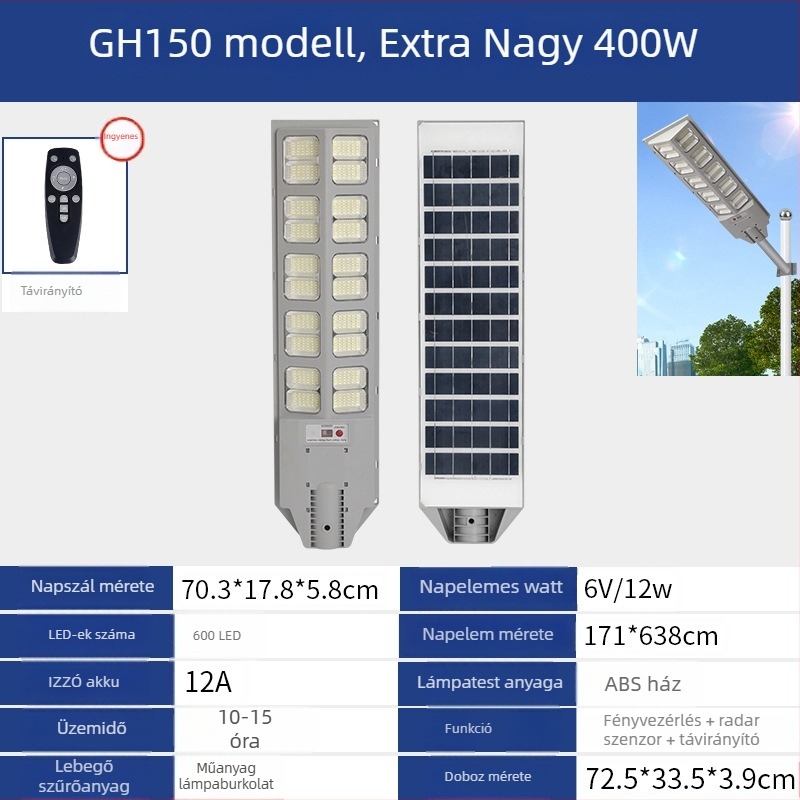 Dysj-150 napelemes utcai lámpa, IP67, 6V, névleges teljesítmény 400, üzemidő 12–16 óra