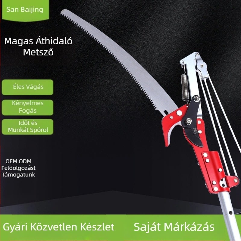 Magaslati ágak metszőollója kihúzható mechanizmussal és tehercsökkentő görgővel, hosszabbított fűrész