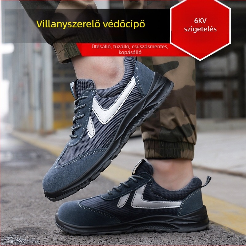 Munkavédelmi cipő műanyag- és acélorrú, szigetelt, csúszásmentes és perforáció-ellenálló, anyag: velúr + hálószövet