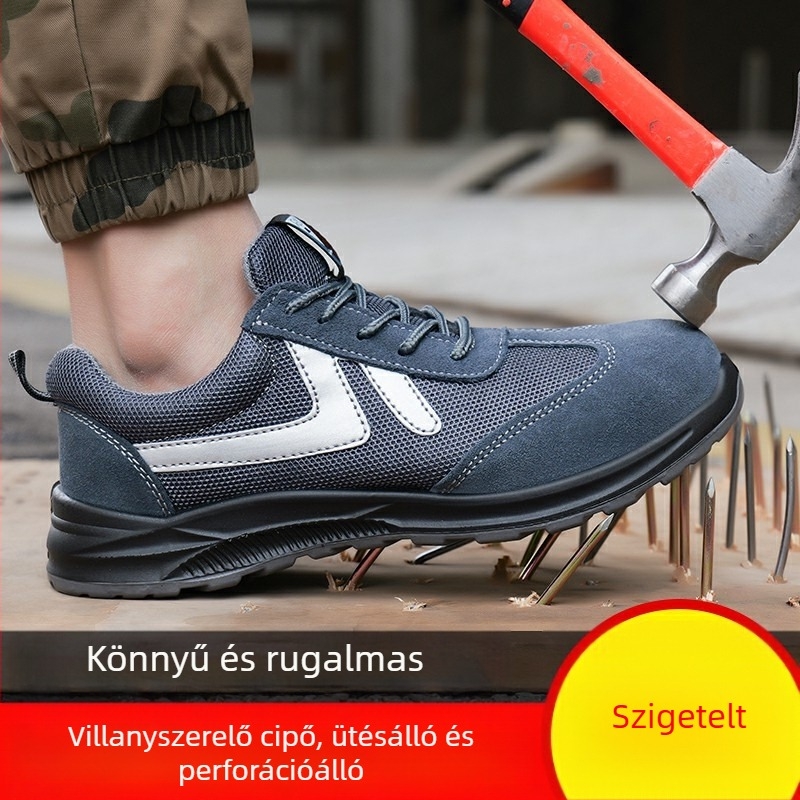 Munkavédelmi cipő műanyag- és acélorrú, szigetelt, csúszásmentes és perforáció-ellenálló, anyag: velúr + hálószövet