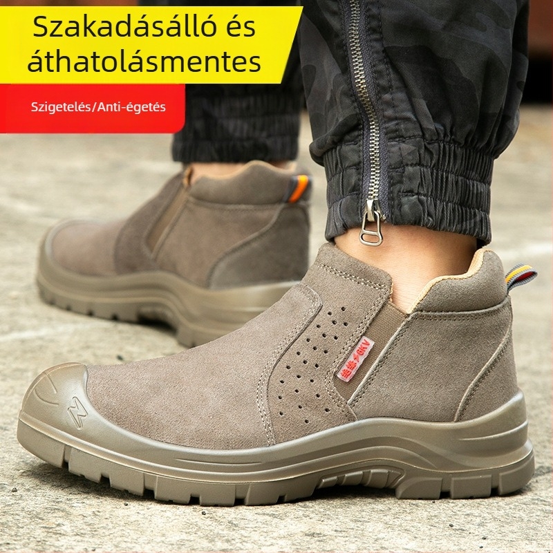 Védő munkacipő ütésálló, átszúrás-mentes és szigetelt; velúr marhabőr; műanyag orrvédő.