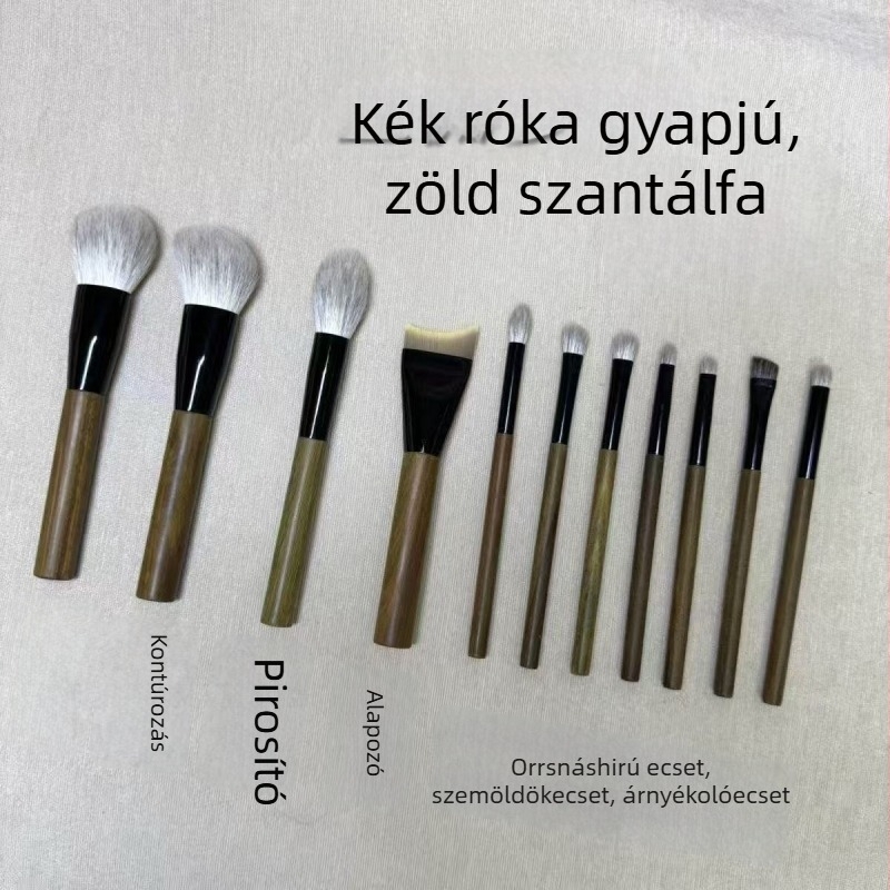11 darabos sminkecsetkészlet kék róka- és kecske szőrrel porhoz, kontúrozáshoz, pirosításhoz, alapozóhoz, blendinghez, szemhéjpúderhez, orrkontúrozáshoz és szemöldökhöz