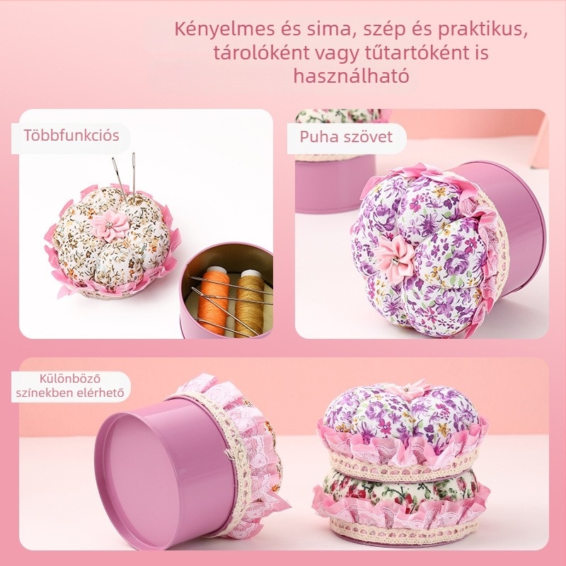 Hordozható tök alakú varró doboz, textil anyagból, tűtartóval és tűdobozzal