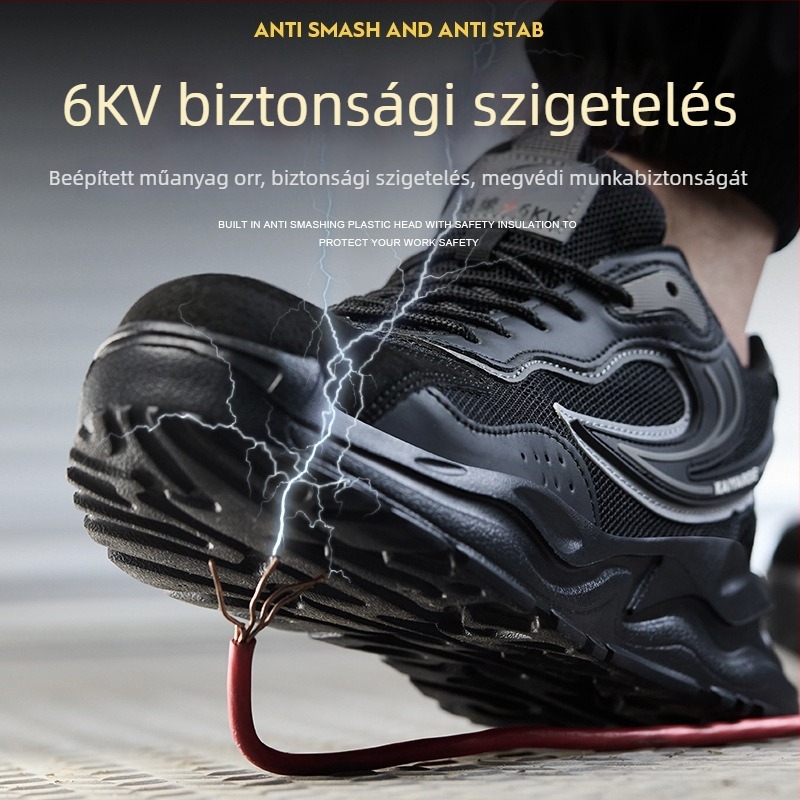 Uniszex munkavédelmi cipő – ütésálló, átszúrásálló, 6KV szigetelés, kopásálló, ultra-könnyű puha talp, műanyag orrtalp