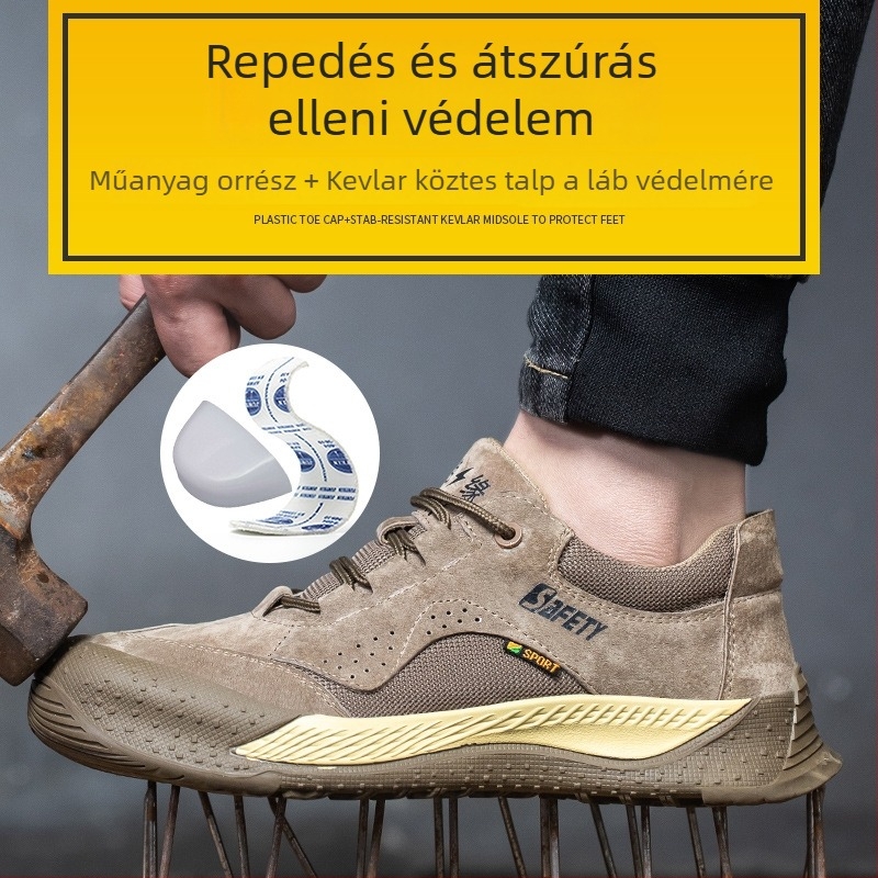 Férfi védő munkacipő – négy évszakos, könnyű, ütés- és perforációálló, antistatikus és szigetelt; anyag: pigskin + mikrofiber bőr; alacsony felső rész; műanyag orrvédő