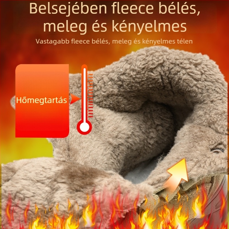 Téli fleece-bevonatú munkavédelmi csizma, anti-összeütés és perforáció védelem, szigetelt, magas felsőrész nubukból és vászonból, műanyag orrvédő