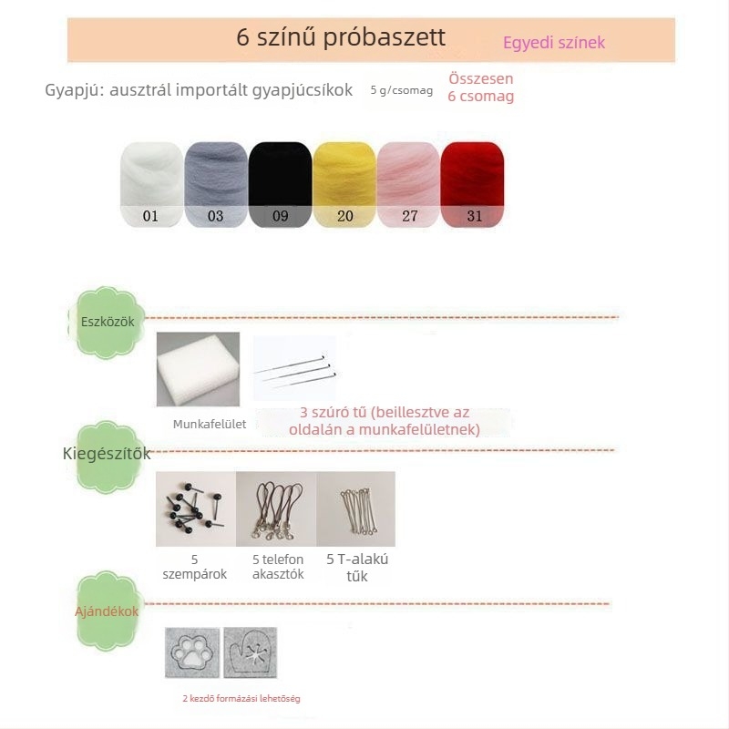 Kezdőknek szóló gyapjúfilc szurkálóeszközök készlet - DIY kézműves anyagcsomag - 70-es évek gyapjúcsíkok