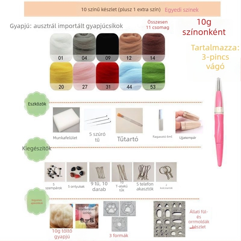 Kezdőknek szóló gyapjúfilc szurkálóeszközök készlet - DIY kézműves anyagcsomag - 70-es évek gyapjúcsíkok