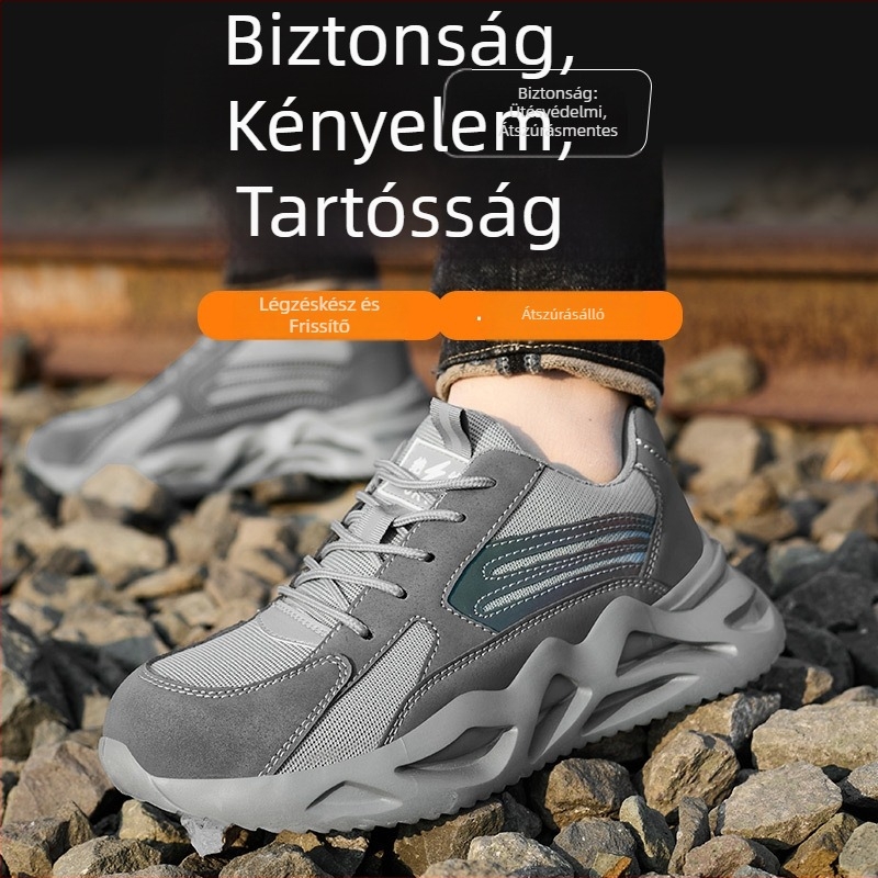 Biztonsági munkavédelmi cipő, lélegző Flyknit felsőrész, műanyag-acél orr, csúszásmentes, perforáció-ellenálló, kopásálló