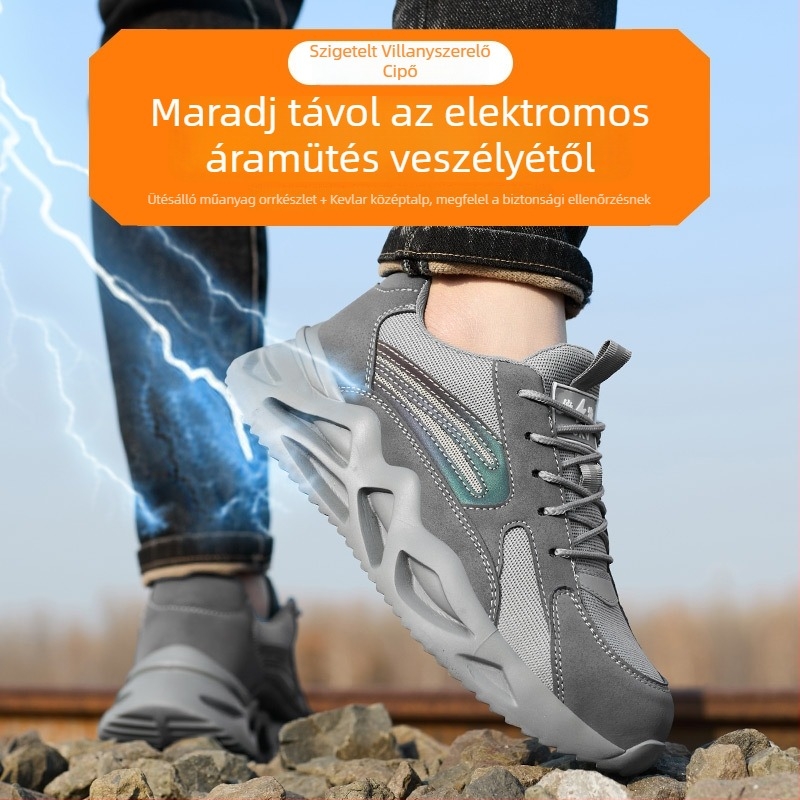 Biztonsági munkavédelmi cipő, lélegző Flyknit felsőrész, műanyag-acél orr, csúszásmentes, perforáció-ellenálló, kopásálló