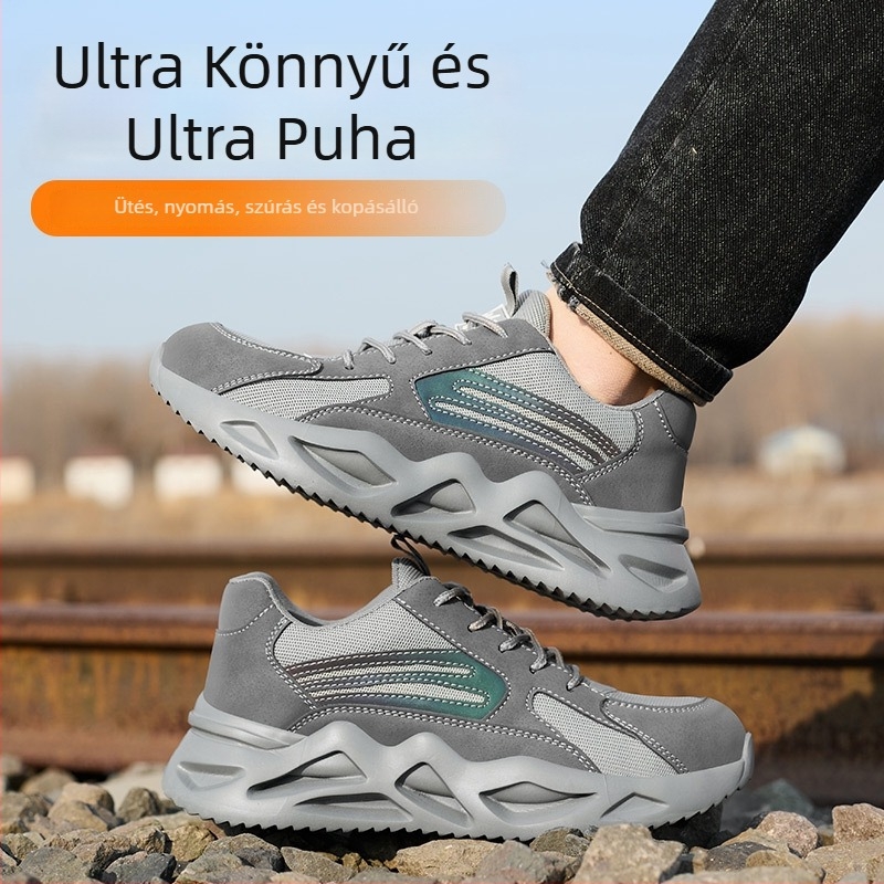 Biztonsági munkavédelmi cipő, lélegző Flyknit felsőrész, műanyag-acél orr, csúszásmentes, perforáció-ellenálló, kopásálló