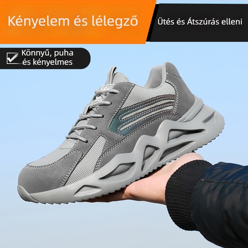 Biztonsági munkavédelmi cipő, lélegző Flyknit felsőrész, műanyag-acél orr, csúszásmentes, perforáció-ellenálló, kopásálló